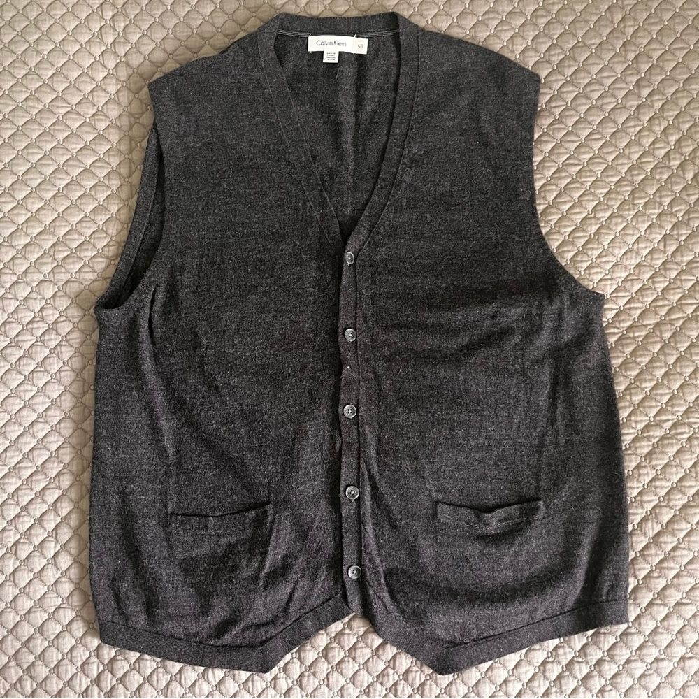 Calvin Klein Dark Gray 100% Wool Button-Up Vest